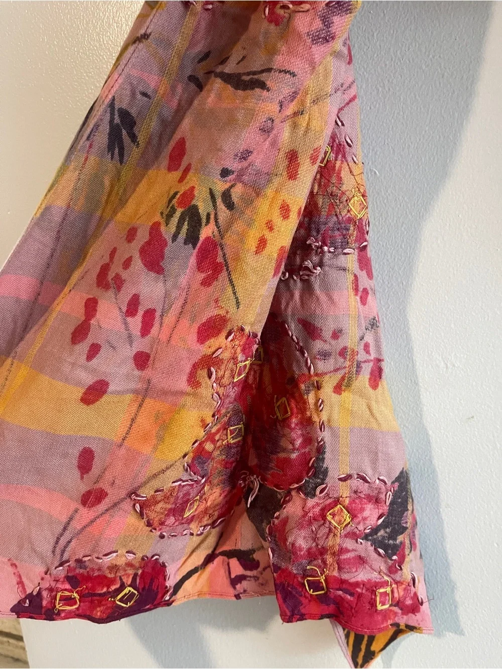 Anthropologie Sunshine Plaid Scarf Multicolor Floral Boho Embellish Tasseled